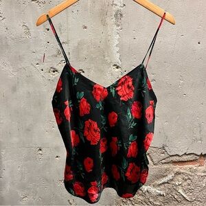 Vintage Y2K Black Red Rose Print Silky Vampy Goth Camisole Tank Top Cami XL 90s
